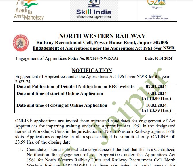 RRC NWR Jaipur Recruitment 2024 notification 